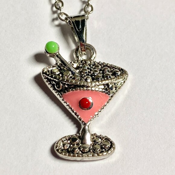 Martini Cocktail Drink Cup Glass Charm Necklace Pendant Pink Enamel 18" Chain - Picture 2 of 9